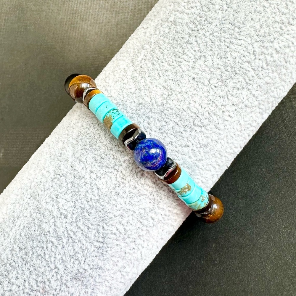 Mens Lapis, Tigers eye and Turquoise Bracelet beaded gemstone bracelet - Picture 4 of 4